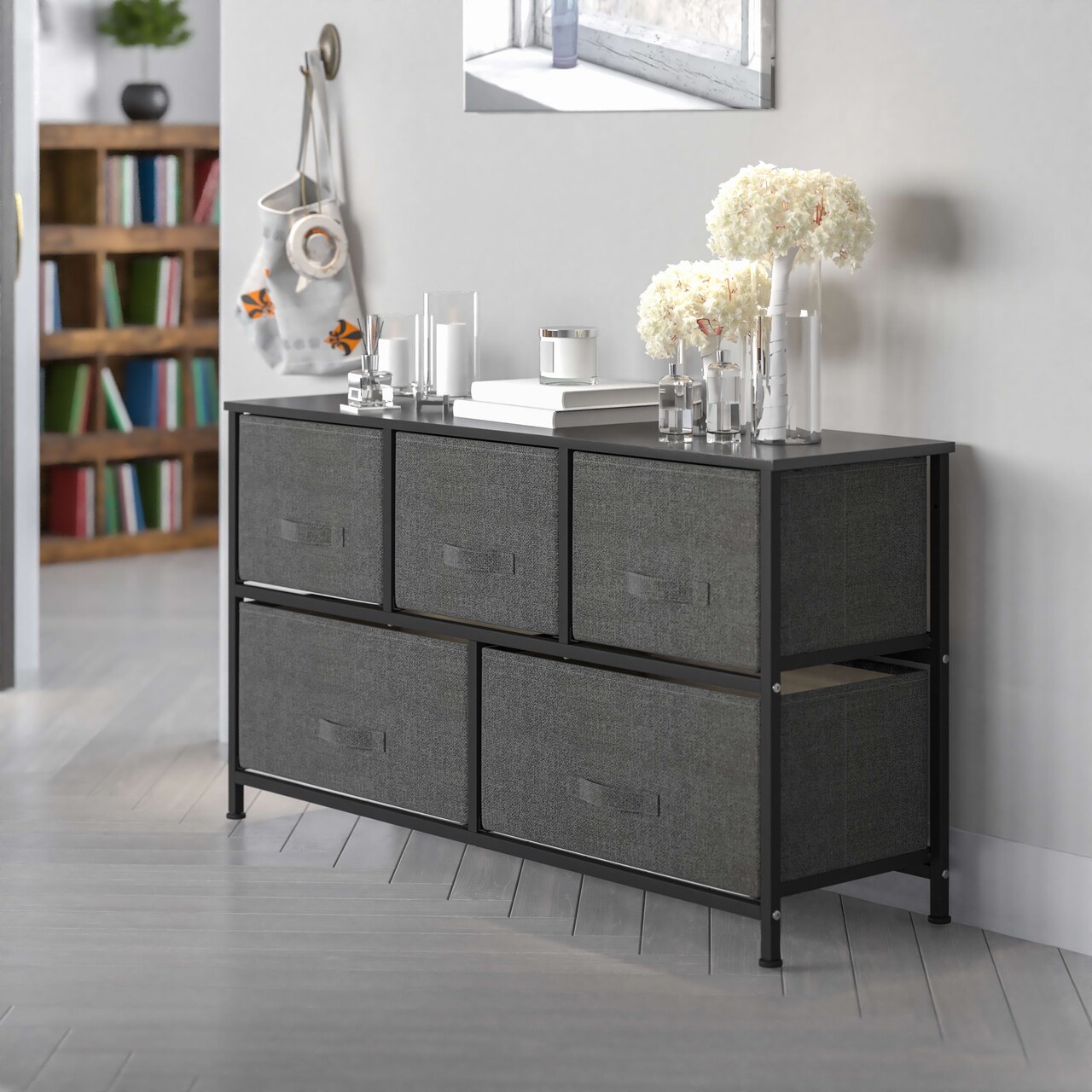 Emma and Oliver 5 Drawer Storage Chest with Wood Top & Dark Fabric Pull Drawers